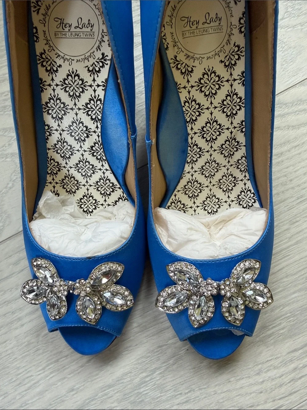Royal Blue Satin Peep-Toe Heels with Crystal Floral Accent